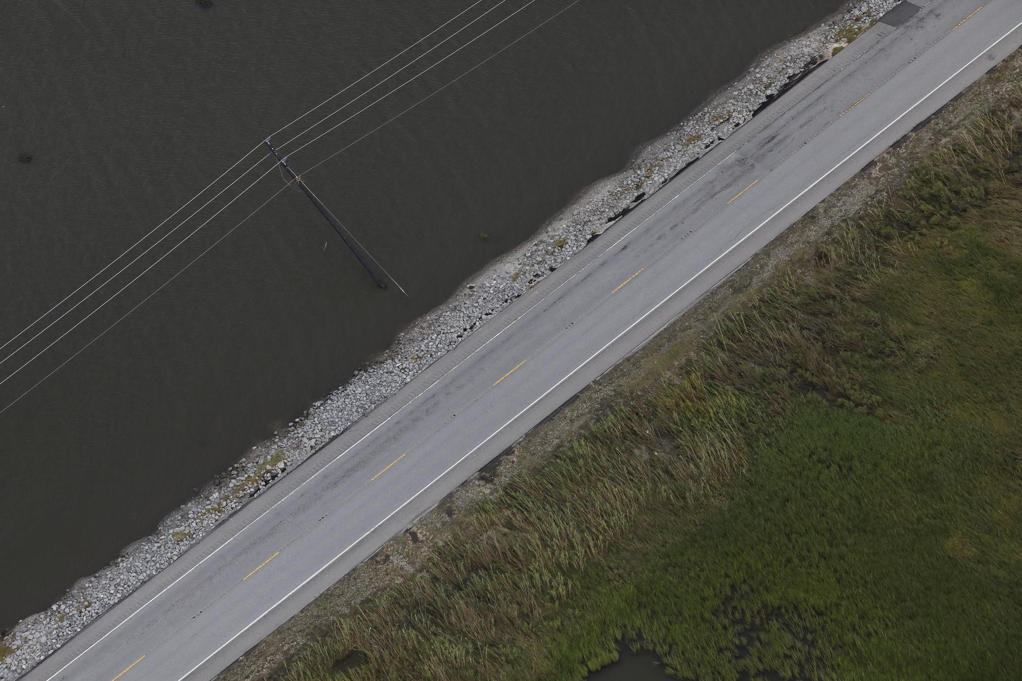 Hurricane Ida in Louisiana - An aerial view shows a destroyed utility pole and power...