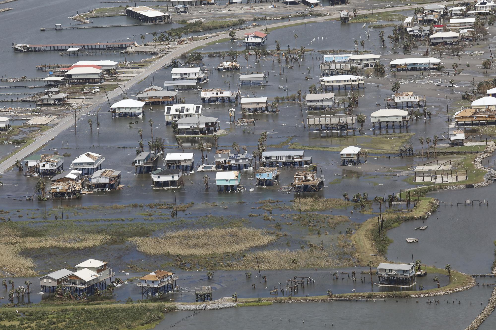 Hurricane Ida in Louisiana - An aerial view shows destroyed houses in a flooded area...