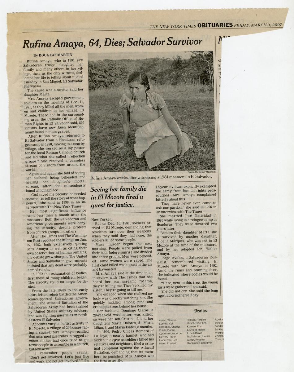 El Salvador Anniversary - Obituary for Rufina Amaya, The New York Times, March 9, 2007