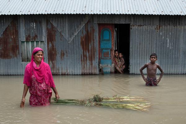 Family members standing infront of their house which is floated with flood water. Bangladesh is a land of rivers. It is prone to flooding due to being situated on the Brahmaputra River Delta and the many distributaries flowing into the Bay of Bengal. Due to being part of such a basin and being less than 5 meters above mean sea level, Bangladesh faces the cumulative effects of floods due to water flashing from nearby hills, the accumulation of the inflow of water from upstream catchments, and locally heavy rainfall enhanced by drainage congestion. Bangladesh faces this problem almost every year. In recent years the frequency of abnormal floods in Bangladesh has increased substantially, causing serious damage to lives and property.