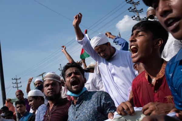 After Friday prayer, Bangladeshi Muslims protest against Israel in solidarity with the Palestinian people on the Dhaka-Aricha highway in Dhaka, Bangladesh.