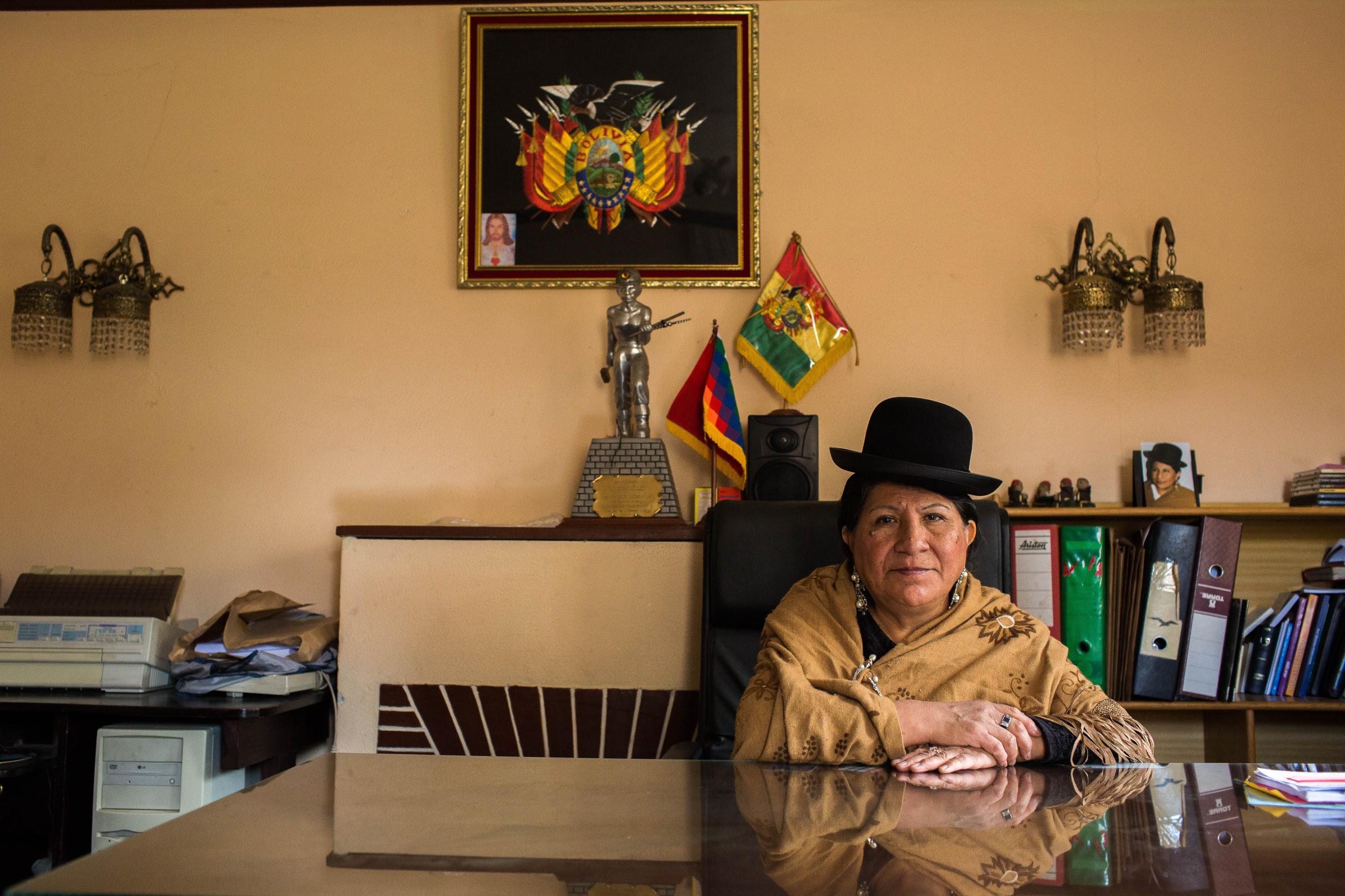 Cholita's Rise -  Remedios Loza in her office at Radio Andina in La Paz....