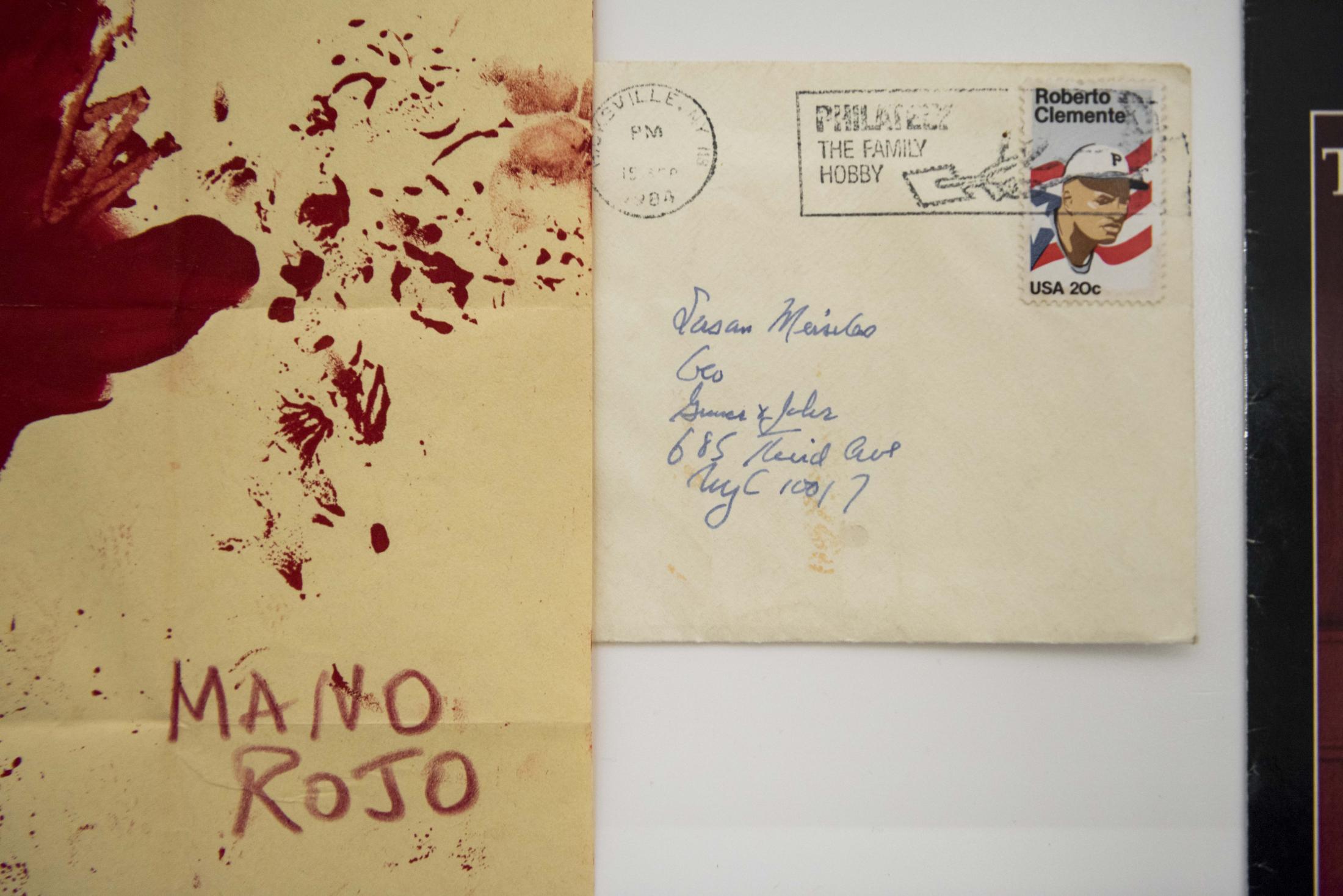 Letter sent to Meiselas with Mano Rojo inside vitrine of materials from &#39;El...
