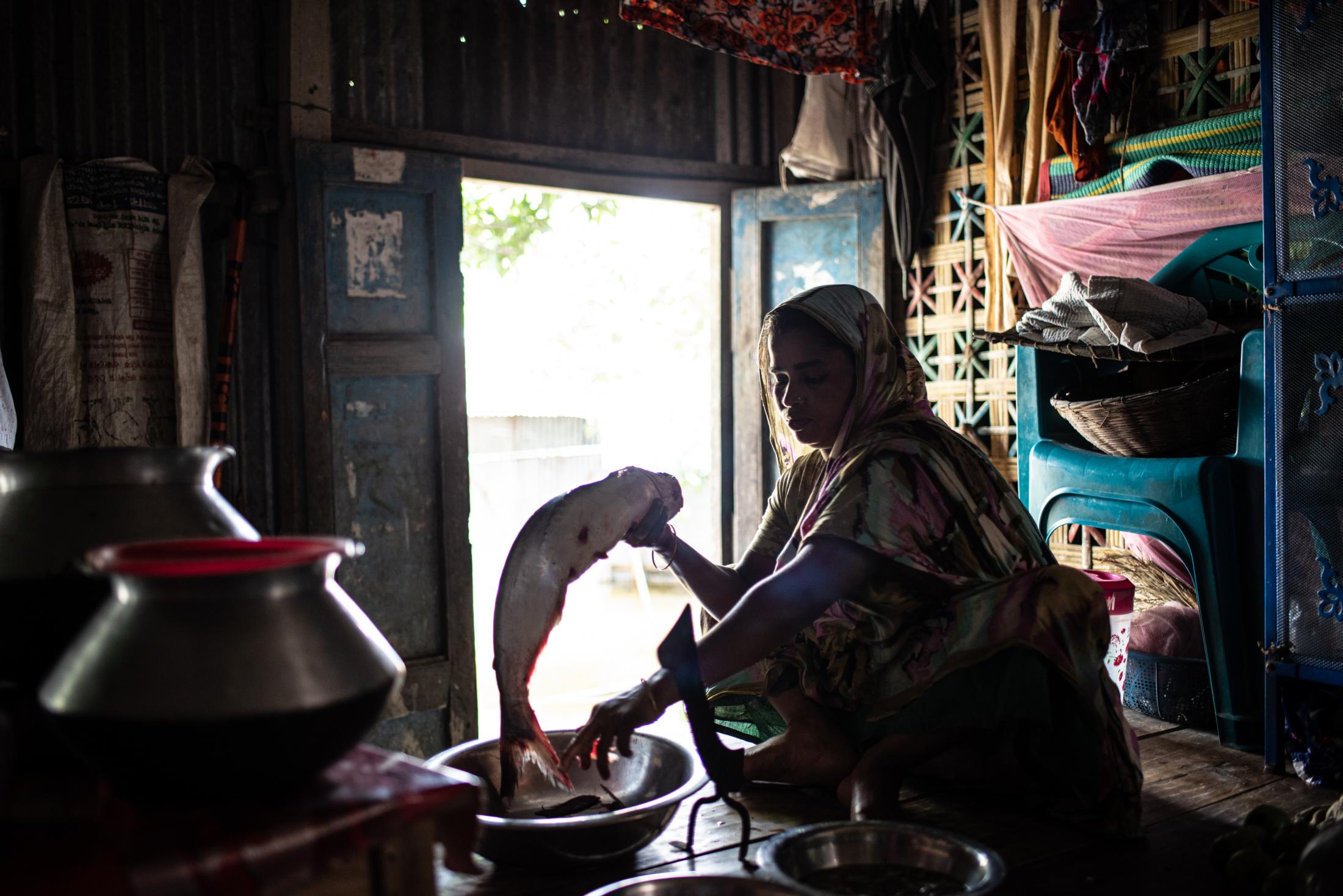 The Depth of Flood - A flood-affected woman cuts fish to cook a meal inside...