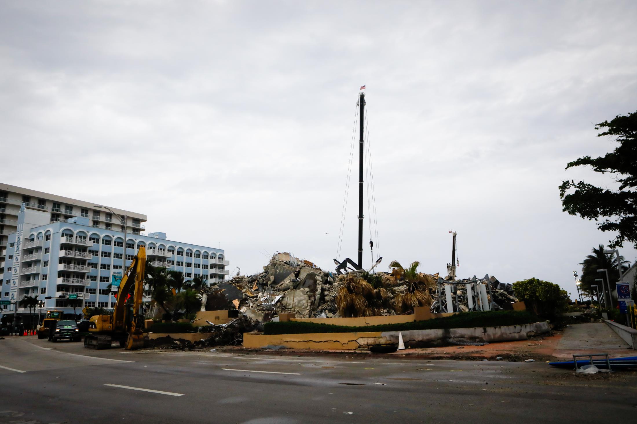 2021 - Surfside building collapsed - The rubble of the Champlain tower are seen in Surfside,...