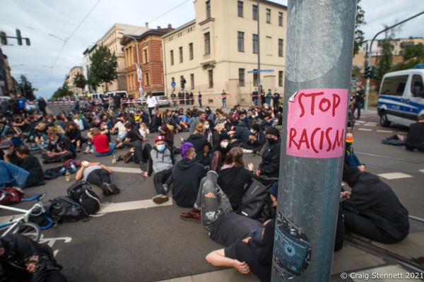 Image from Day of German Unity Protest-Getty Images - HALLE, GERMANY - OCTOBER 3: Protesters block a street in...