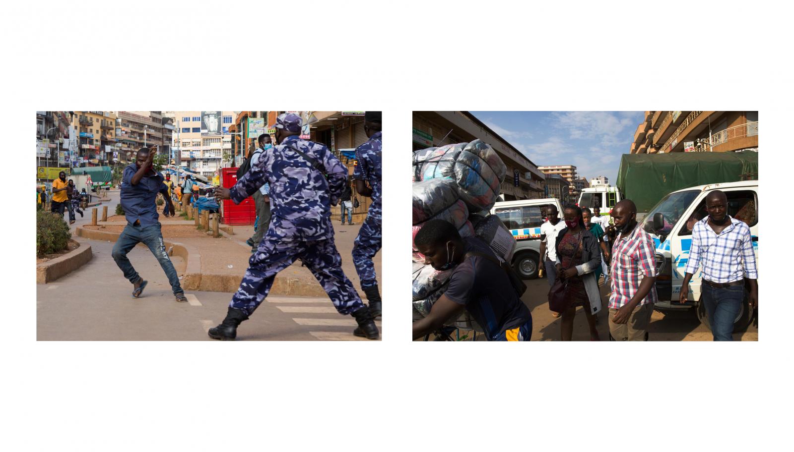  Police officers attempt to arrest a vendor in Kampala, Uganda, on June 25, 2021, after the public was directed by Ugandan President Yoweri Kaguta Museveni to stay home for 42 days starting June 18, 2021, to curb the spread of COVID-19. 