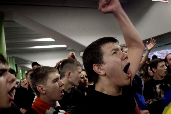 Ukraine Crisis-The East - Supporters of Ukrainian soccer team Shakthar Donetsk...