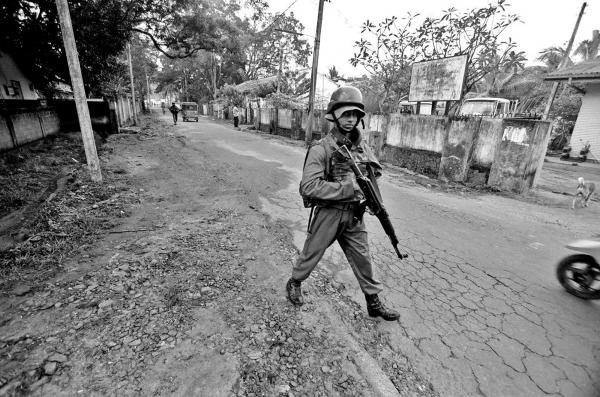 Sri Lanka Unrest - SLA soldiers patrolling the streets of Vavunia town,...