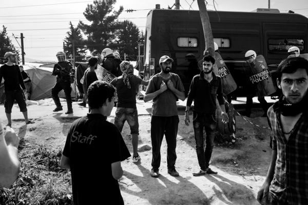 Stranded - Idomeni/Greece - Greek riot police deploying in Idomeni camp, after a...