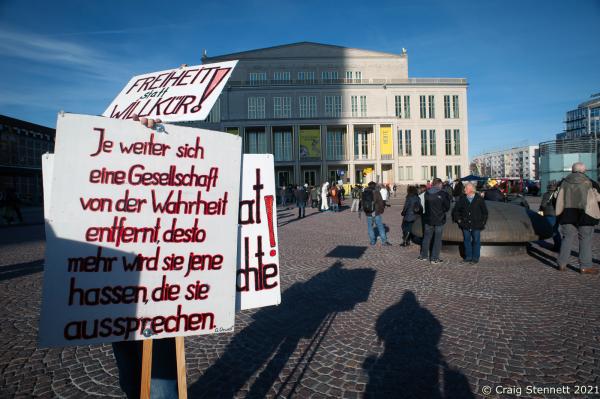 LEIPZIG, GERMANY-NOVEMBER 06: A demonstration held by elements of the &#39;Querdenken Movement&#39; under the banner of &#39;Movement Leipzig&#39; attracted several thousand protesters to the city centre of Leipzig. With Germany&#39;s Corona infection rate on the rise the demonstrators of &#39;Lateral Thinkers&#39; oppose any further or increased pandemic restrictions to come into force in Germany in 2021. (Photo by Craig Stennett/Getty Images)