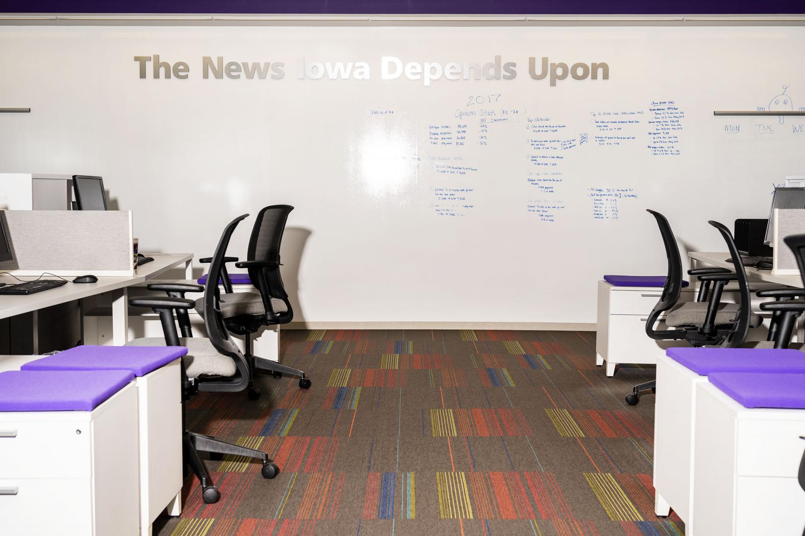 Chairs and desks line the office of The Des Moines Register in Des Moines, Iowa on Tuesday, April 2, 2019. KC McGinnis for Politico