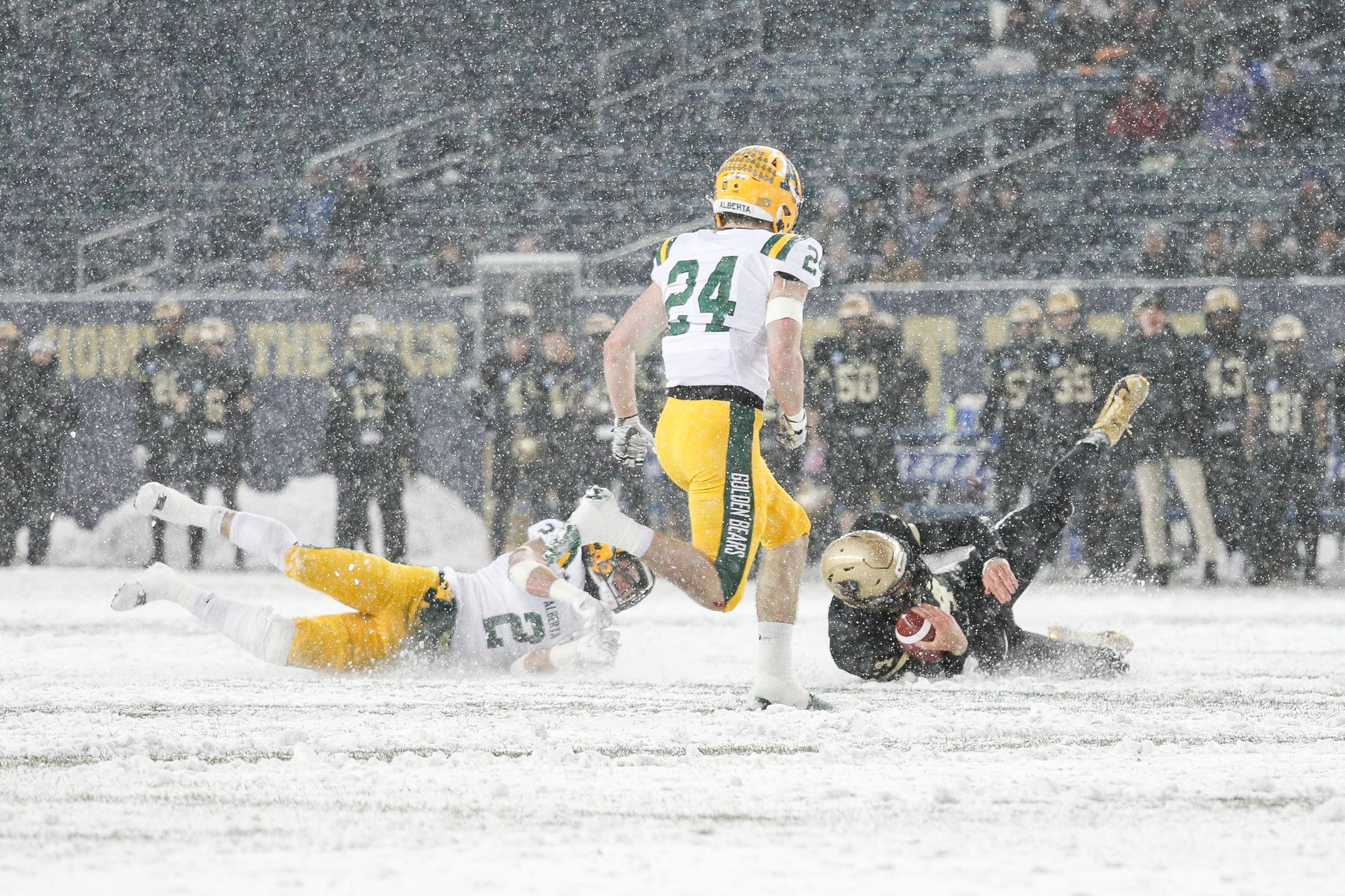 Daniel Crump / Winnipeg Free Press. Players slide in the heavy snow after Alberta