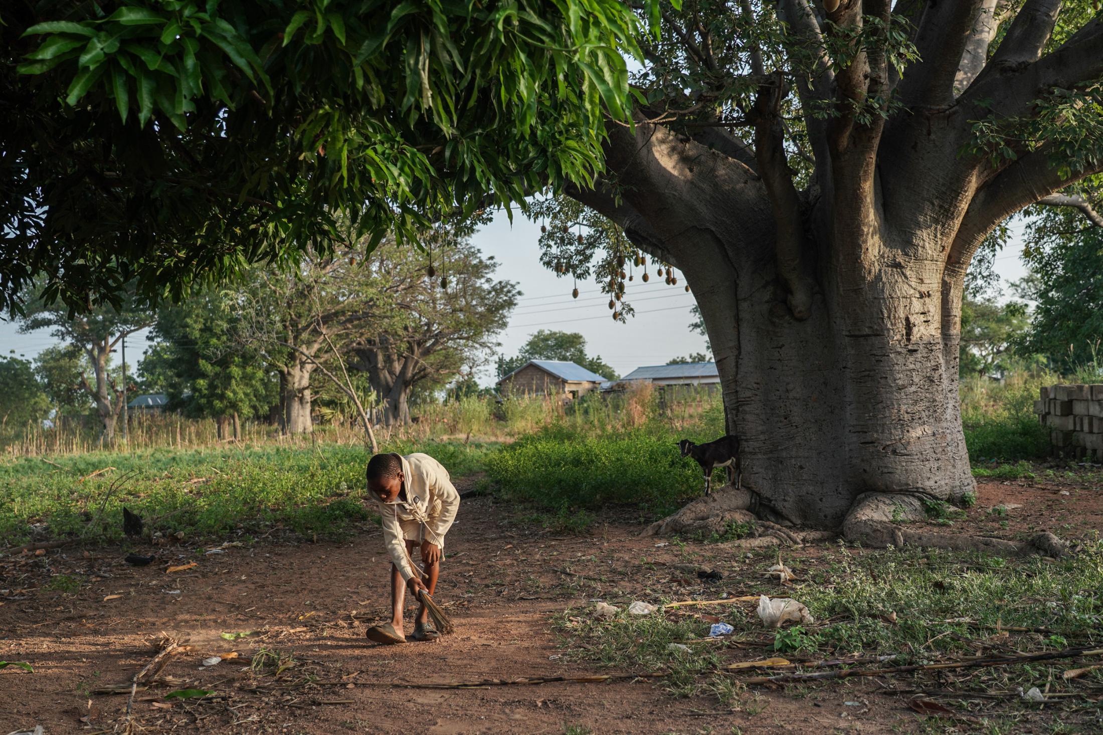 Tales Under the Baobab Tree - Timothy Nsobila (13) sweeps outside his family home...