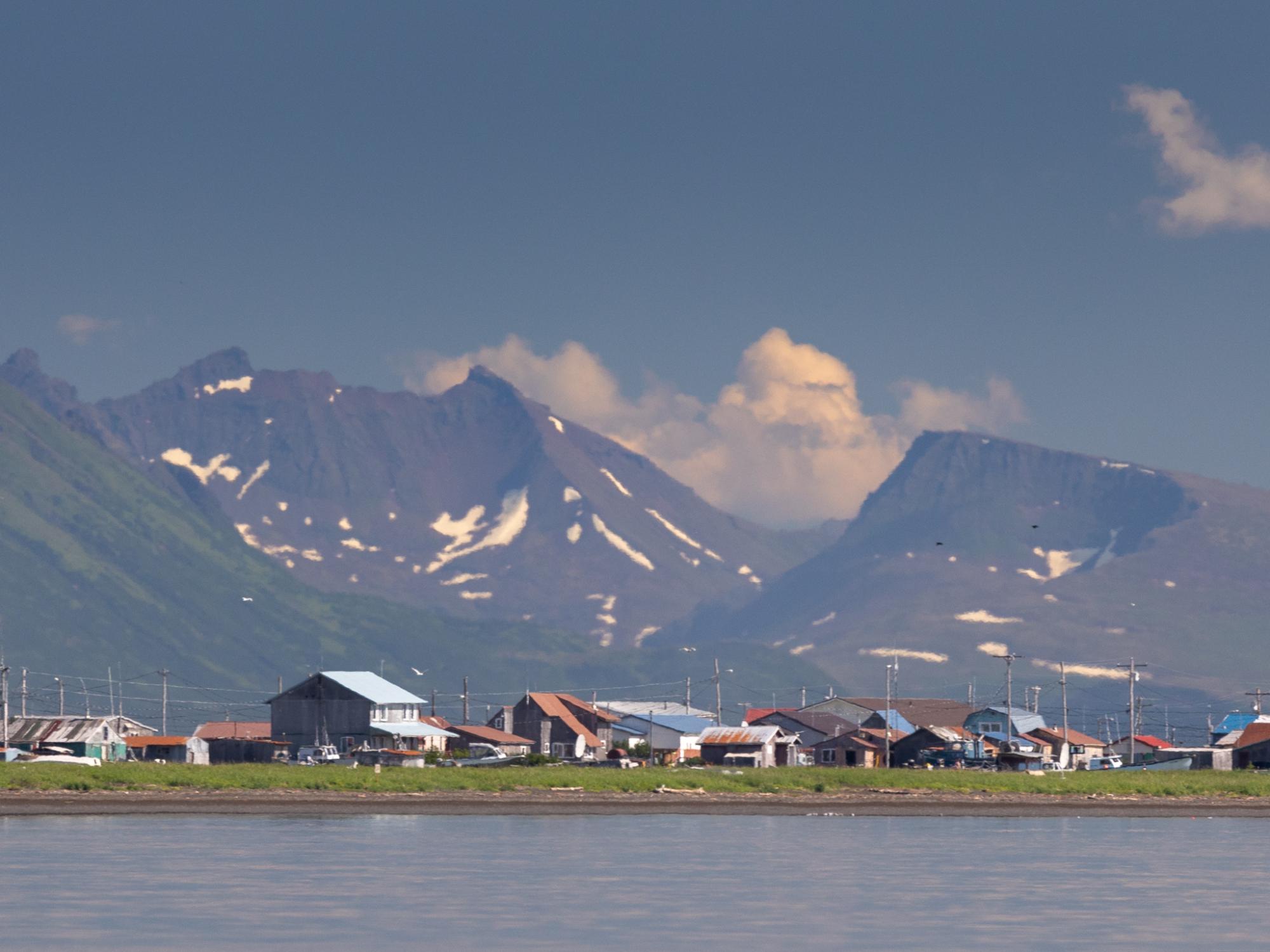 The village of Togiak as seen from the boat returning from Round Island, Alaska. Located on the...