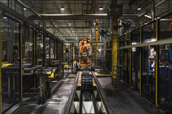 A robot on the production line of cam shafts at Linamar's Camcore manufacturing plant in Guelph Ontario on January 28, 2016. /Aaron Vincent Elkaim for the New York Times. 
