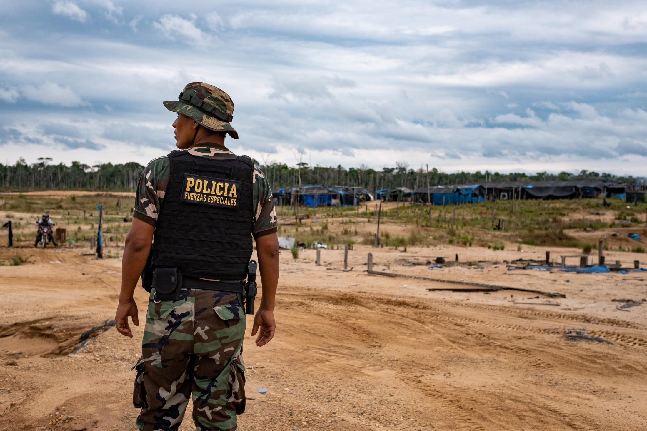 La Pampa's Illegal Gold Mining - The Peruvian National Police near their field base, Mega 12. Following Peru's February 2019...