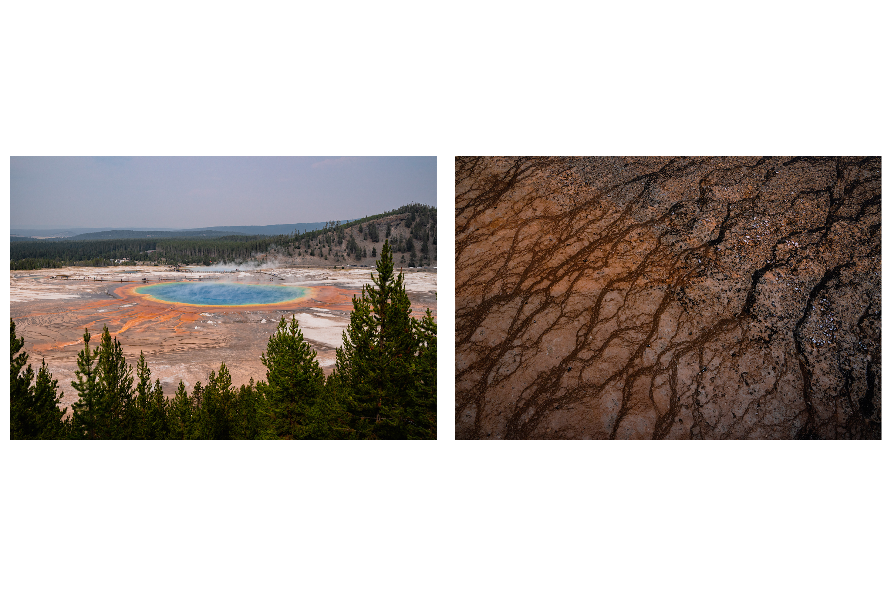 Left: Grand Prismatic Spring is one of Yellowstone&rsquo;s most iconic sights, with a rainbow of colors radiating from the center of the pool to the edges. Right: Microorganisms create a beautiful texture at the Grand Prismatic Spring.