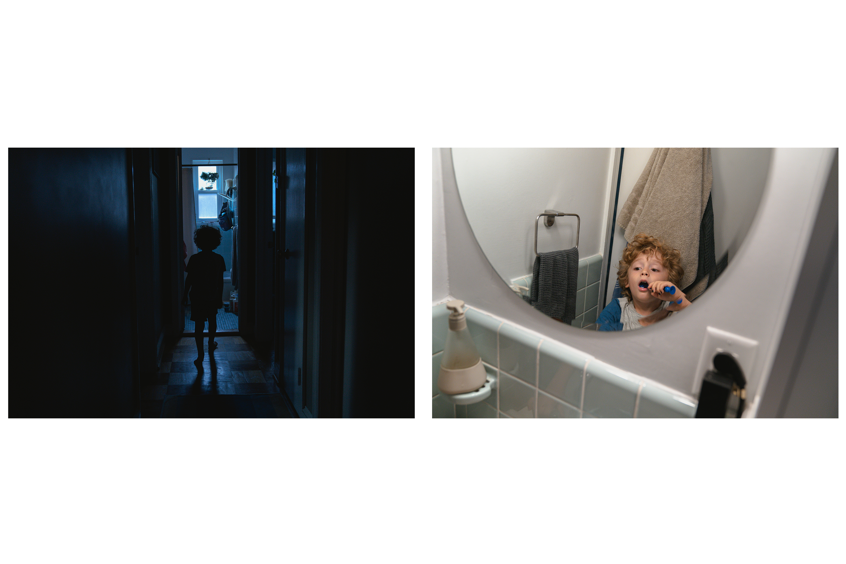 Left: Oscar walks to the bathroom in his house in Arlington, VA on Wednesday, September 15, 2021. Right: Oscar brushes his teeth in his house in...