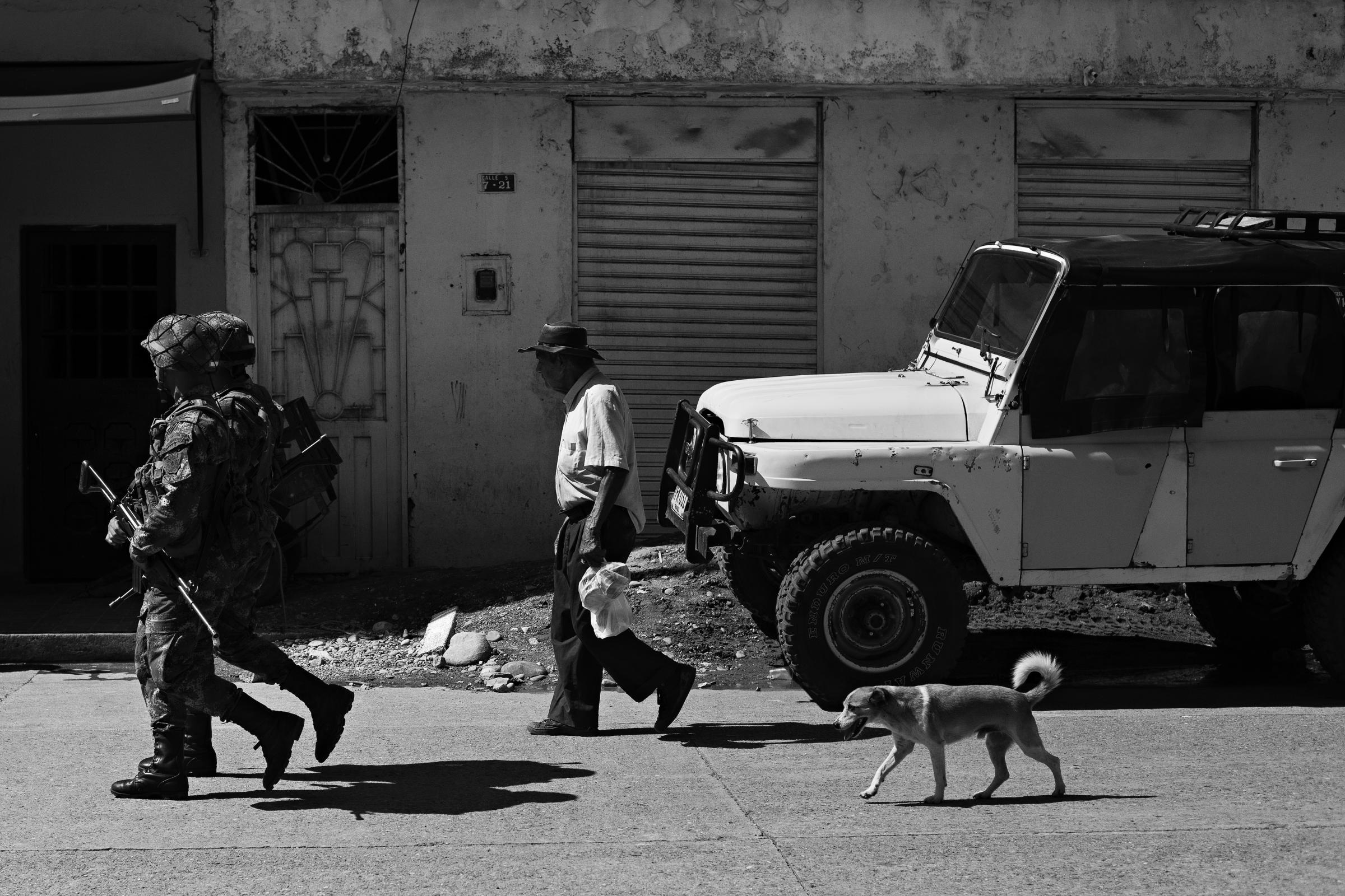 50 years of FARC - The Colombian army patrols the streets of La Uribe, Meta,...