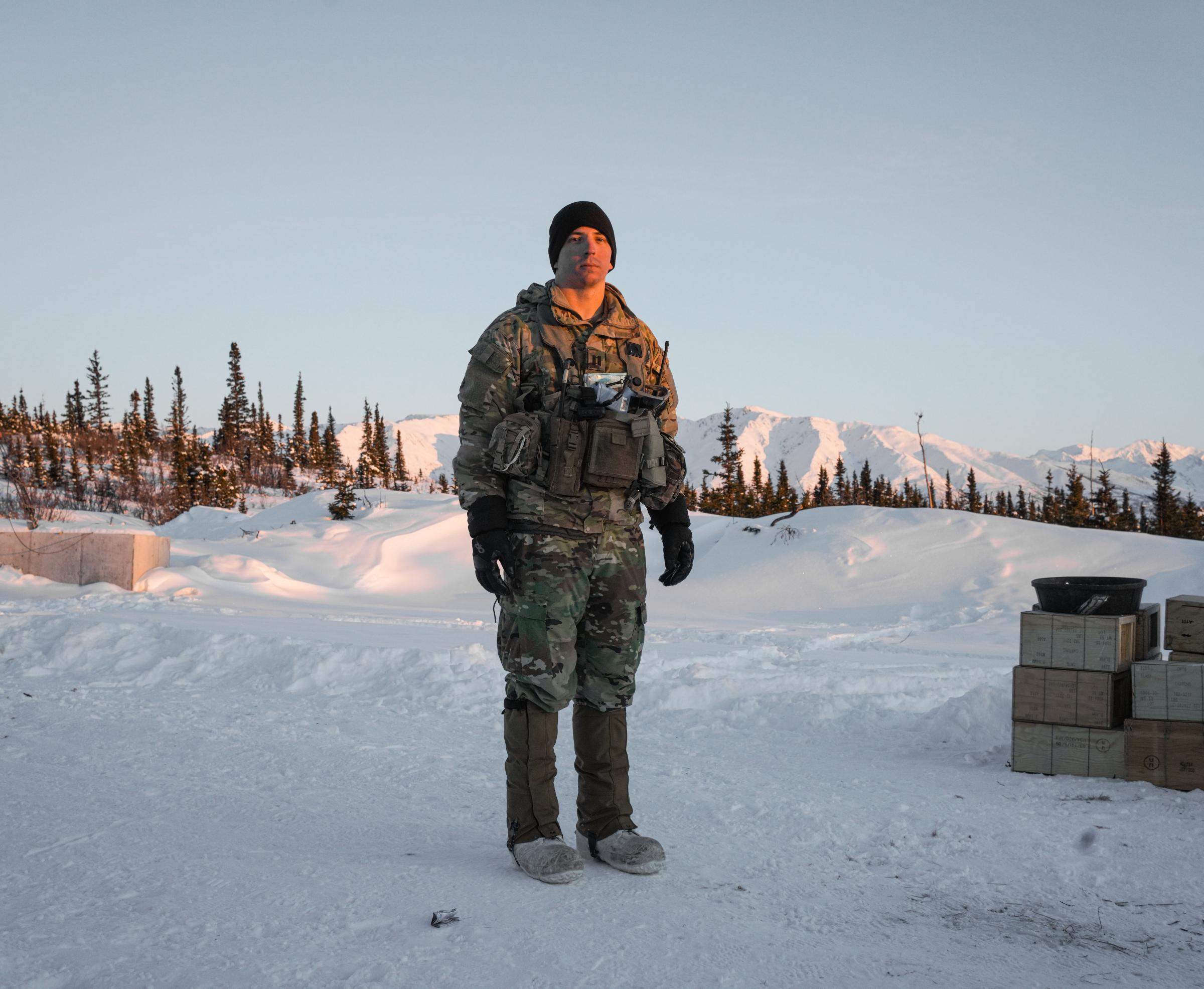 FORT GREELY, AK -- Monday, March 14, 2022: Captain Weston Iannone, Commander of Bravo Company,...