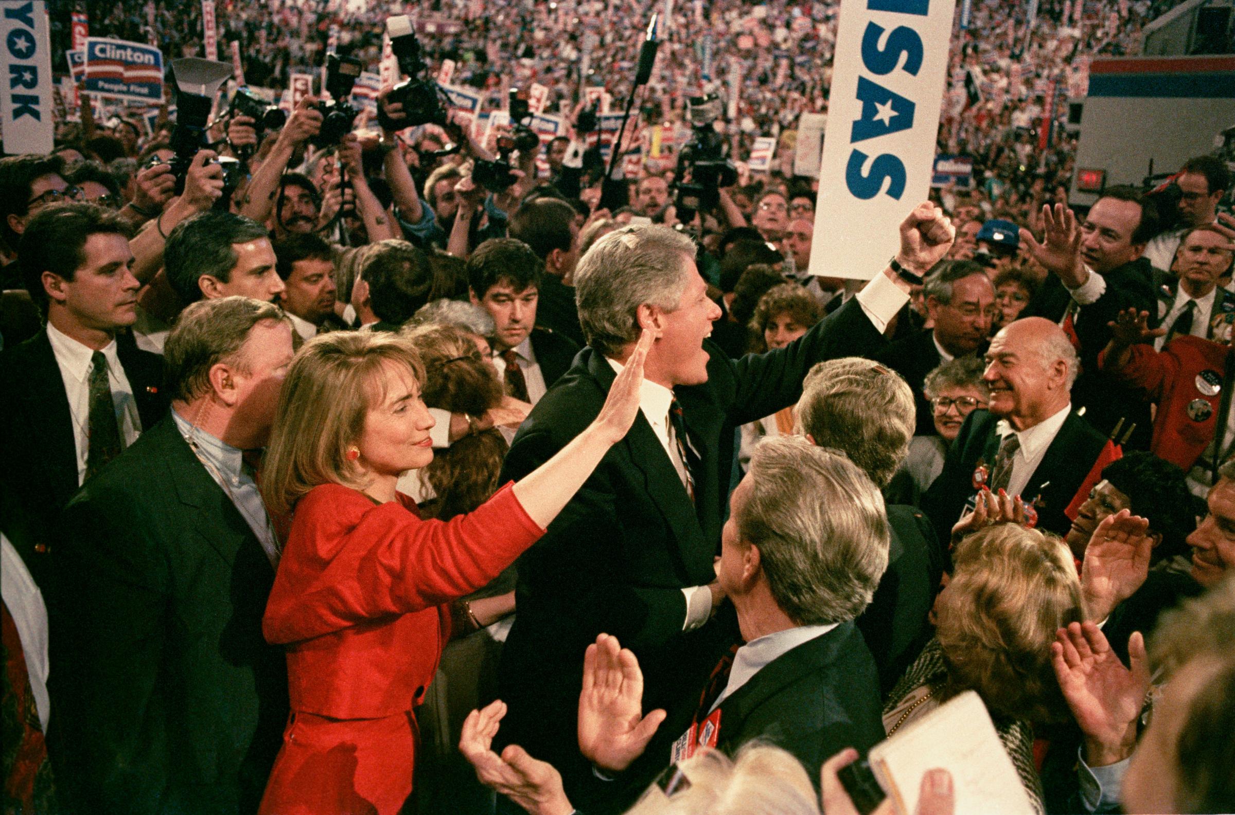Democratic National Convention at Madison Square Garden, New York City, NY July 15 1992. Gov. Bill Clinton exults with the convention crowd over...