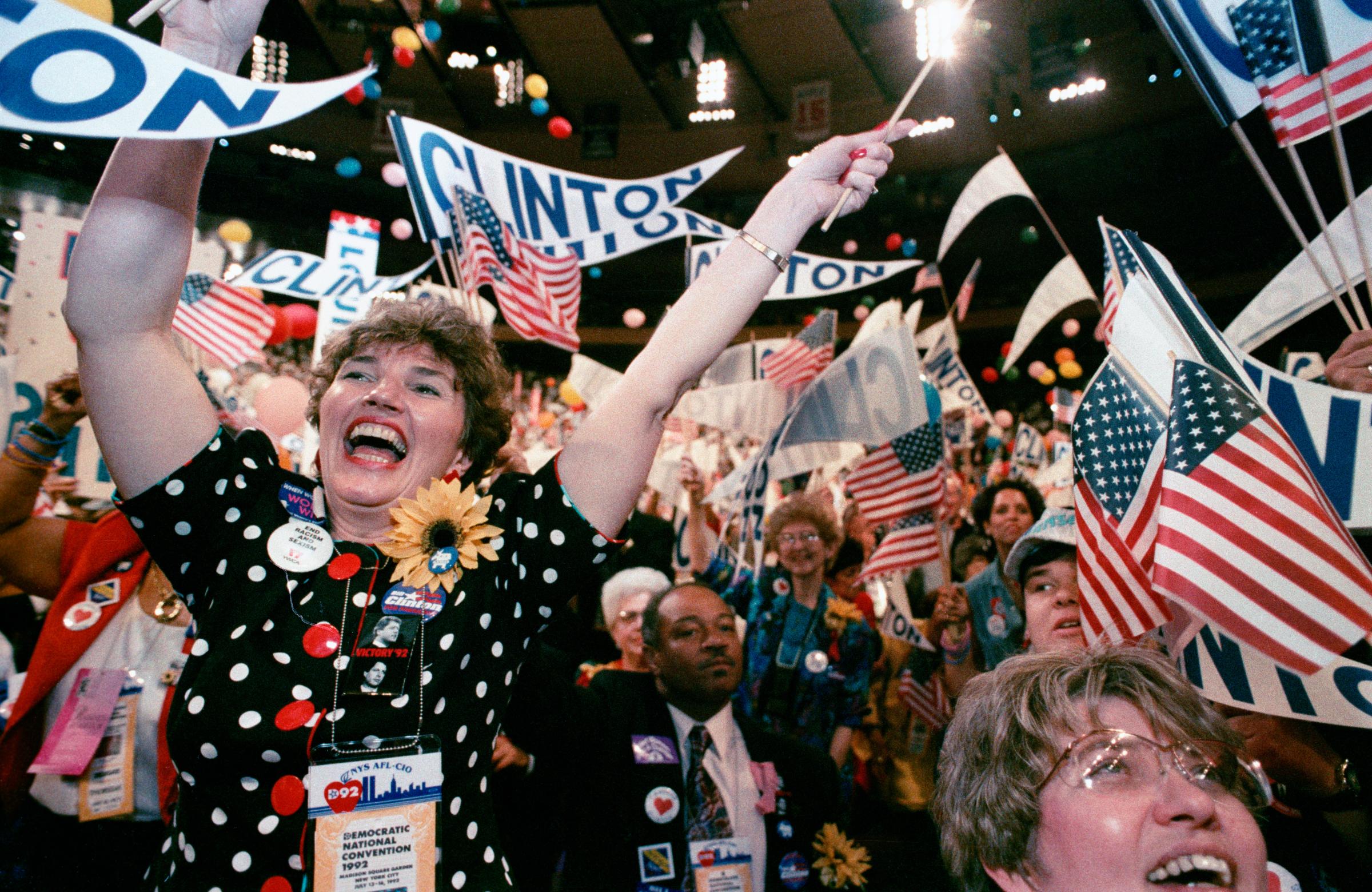 Democratic National Convention at Madison Square Garden, July 15, 1992. Supporters cheer as Gov. Bill Clinton is nominated for President on a night...