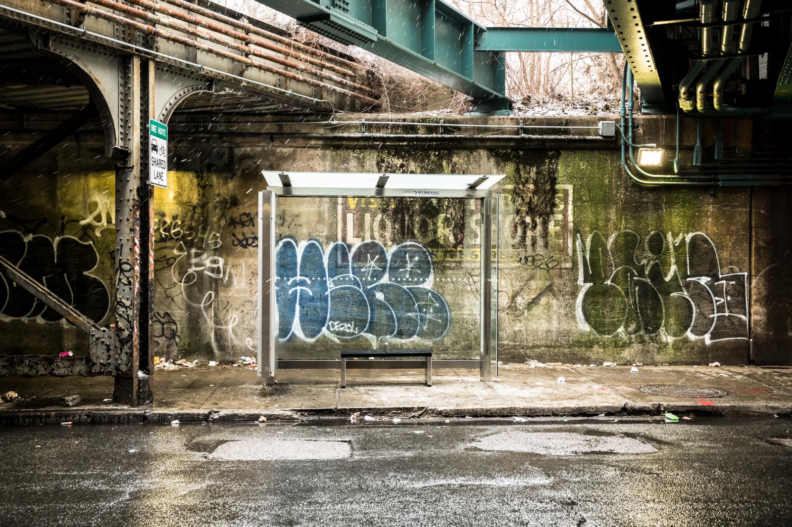 Bus stop with graffiti
