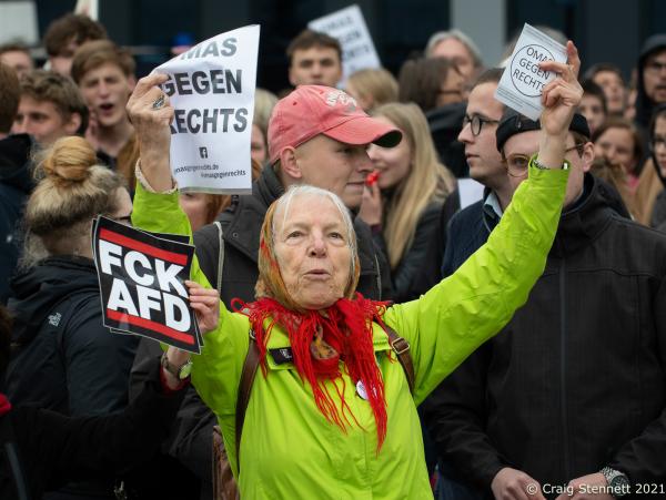 HALLE, GERMANY- MAY 22: A Grandmother of Omas Gegen Rechts (Grannies against the Right) at the Anti AfD demonstration in Halle (Saale), Saxony-Anhalt, 2019. Protesting under the banner &quot;Courage gegen den Hass&quot;(Courage against Hate). The demonstration co-incided with the upcoming European elections. The initiative Omas gegen Rechts was founded in Vienna in 2017 by journalist Susanne Scholl and Monika Salzer, a retired pastor. Salzer said that it was in response to the coalition of the Austrian People&#39;s Party and the Freedom Party of Austria during the first Kurz government. A German initiative of Omas Gegen Rechts was founded in 2018 initiated by former teacher Anna Ohnweiler. (Photo by Craig Stennett)