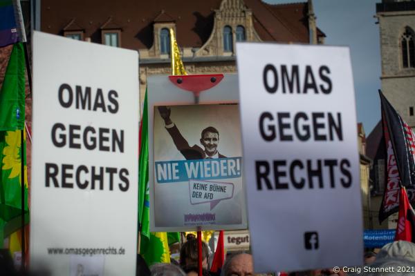 ERFURT, GERMANY-MAY 01: Omas gegen Rechts (Grannies against the Right) placards on display at the May Day Anti Bj&ouml;rn H&ouml;cke (AfD) demonstration in Erfurt, 2020. The initiative Omas gegen Rechts was founded in Vienna in 2017 by journalist Susanne Scholl and Monika Salzer, a retired pastor. Salzer said that it was in response to the coalition of the Austrian People&#39;s Party and the Freedom Party of Austria during the first Kurz government. A German initiative of Omas Gegen Rechts was founded in 2018 initiated by former teacher Anna Ohnweiler. (Photo by Craig Stennett/Getty Images)