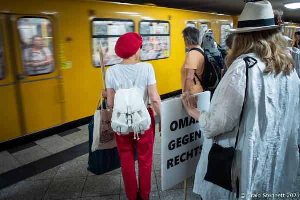 BERLIN, GERMANY-JULY 06: Members of Omas gegen Rechts (Grannies aginst the right) take the U Bahn from Hallesches Tor in Berlin bound for Alexanderplatz for their monthly &lsquo;Mahnwache&#39; (Vigil) in 2019. Once at Alexanderplatz the group hand out leaflets and answer questions that may be put to them by the general public. The initiative Omas gegen Rechts was founded in Vienna in 2017 by journalist Susanne Scholl and Monika Salzer, a retired pastor. Salzer said that it was in response to the coalition of the Austrian People&#39;s Party and the Freedom Party of Austria during the first Kurz government. A German initiative of Omas Gegen Rechts was founded in 2018 initiated by former teacher Anna Ohnweiler. (Photo by Craig Stennett/Getty Images)