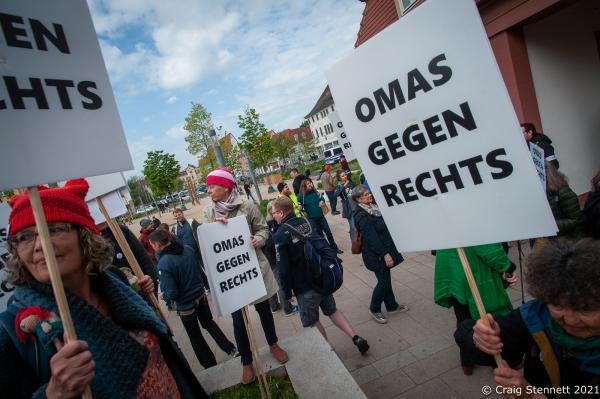 ERFURT, GERMANY- MAY 01: Omas gegen Rechts (Grannies against the Right) congregate at the May Day demonstration against Bj&ouml;rn H&ouml;cke, a far right AfD politician, and his fledgling splinter group &#39; Fl&uuml;gel&#39; in Erfurt, Germany in 2019. The initiative Omas gegen Rechts was founded in Vienna in 2017 by journalist Susanne Scholl and Monika Salzer, a retired pastor. Salzer said that it was in response to the coalition of the Austrian People&#39;s Party and the Freedom Party of Austria during the first Kurz government. A German initiative of Omas Gegen Rechts was founded in 2018 initiated by former teacher Anna Ohnweiler. (Photo by Craig Stennett)