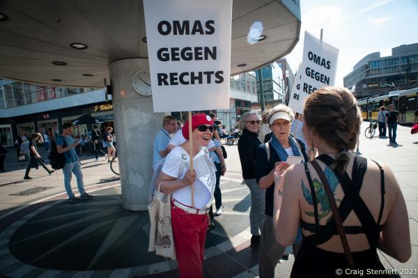 BERLIN, GERMANY- APRIL 05: Members of Omas gegen Rechts (Grannies against the Right) congregate at the World Clock in Alexanderplatz, Berlin, for their monthly &quot;Mahnwache&quot; (Vigil), 2019. The initiative Omas gegen Rechts was founded in Vienna in 2017 by journalist Susanne Scholl and Monika Salzer, a retired pastor. Salzer said that it was in response to the coalition of the Austrian People&#39;s Party and the Freedom Party of Austria during the first Kurz government. A German initiative of Omas Gegen Rechts was founded in 2018 initiated by former teacher Anna Ohnweiler. (Photo by Craig Stennett)