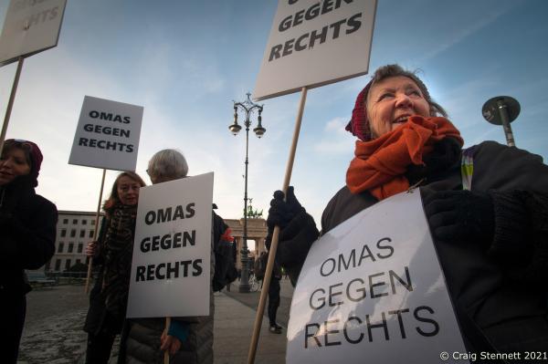 BERLIN, GERMANY-JANUARY 19: Omas gegen Rechts (Grannies against the Right) gather at the Brandenburg Gate in Berlin to attend the annual &quot;Wir haben es satt&quot; (We are Fed Up) demonstration, 2019. The initiative Omas gegen Rechts was founded in Vienna in 2017 by journalist Susanne Scholl and Monika Salzer, a retired pastor. Salzer said that it was in response to the coalition of the Austrian People&#39;s Party and the Freedom Party of Austria during the first Kurz government. A German initiative of Omas Gegen Rechts was founded in 2018 initiated by former teacher Anna Ohnweiler.(Photo by Craig Stennett/Getty Images)
