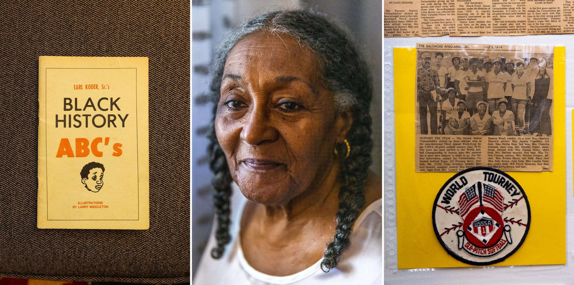 Left: A children&#39;s book on Black history lays on the couch of Mary Coleman. The book is part of the Turner Station Historical Society&#39;s collection and was illustrated by a Turner Station resident. Center: Mary Coleman is the Turner Station historian and collects important relics from the community&#39;s past. Much of what she collects stays at her house. Right: In the summer of 1974, Turner Station&rsquo;s slow-pitch softball team The Untouchables was invited to participate in the World Softball Tournament.