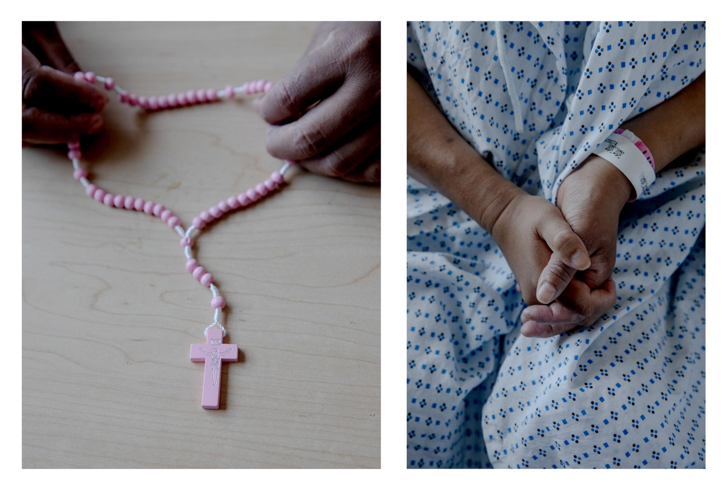 Singles - Maria, who is Catholic, holds a rosary that she keeps in...