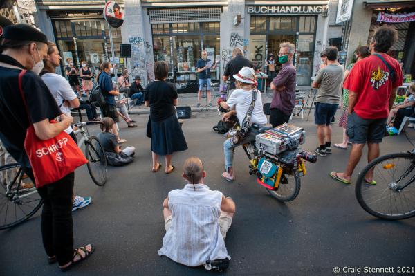 BERLIN, GERMANY-AUGUST 12: Supporters of the Kisch &amp; Co Bookshop gather in Oranienstra&szlig;e, Kreuzberg, Berlin in 2020. The demonstration: &#39;Volle Breiseite 4 Kisch &amp; Co&#39;- &#39;Full Broadside 4. Kisch &amp; Co&#39; was held to support the bookshop against eviction by its new property owners. The bookshop Kisch &amp; Co has been a fixture of Oranienstra&szlig;e in Kreuzberg for over 23 years. Its tenancy was under threat by property developers who bought up the building and issued unsustanable new contracts. Kisch &amp; Co tenancy ran out at the end of May, 2020. Moabit Criminal Court in Berlin later adjudicated on the dispute. The court instructed that the bookshop must leave the premises in Oranienstra&szlig;e and also pay the costs of the proceedings.(Photo by Craig Stennett/Getty Images)