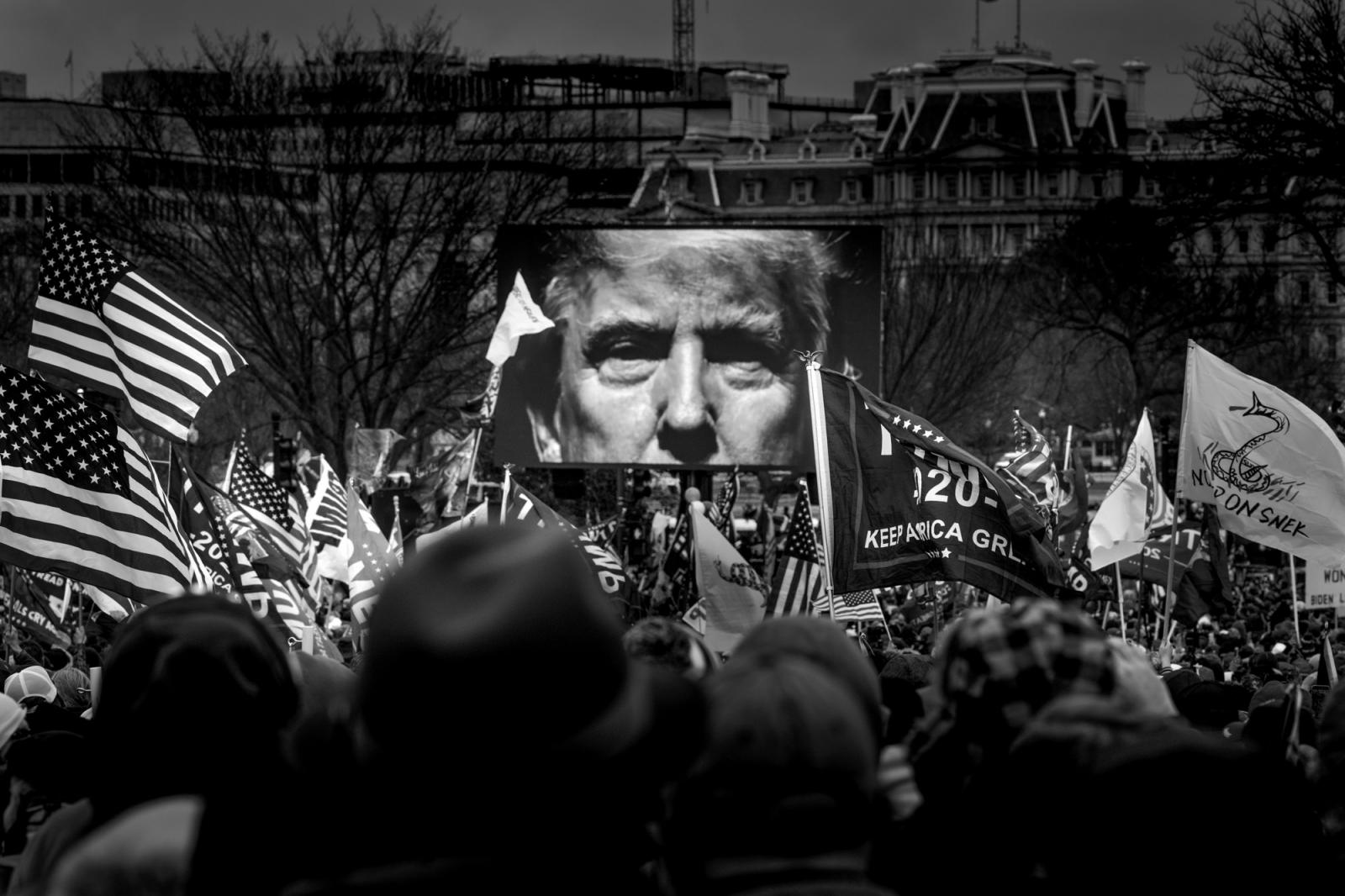 USA, Washington DC, January 6, 2021. President Trump&#39;s image is projected on the screen at the Save America rally near the Washington Monument which later ended in violence at the Capitol. Photo Nina Berman/NOOR