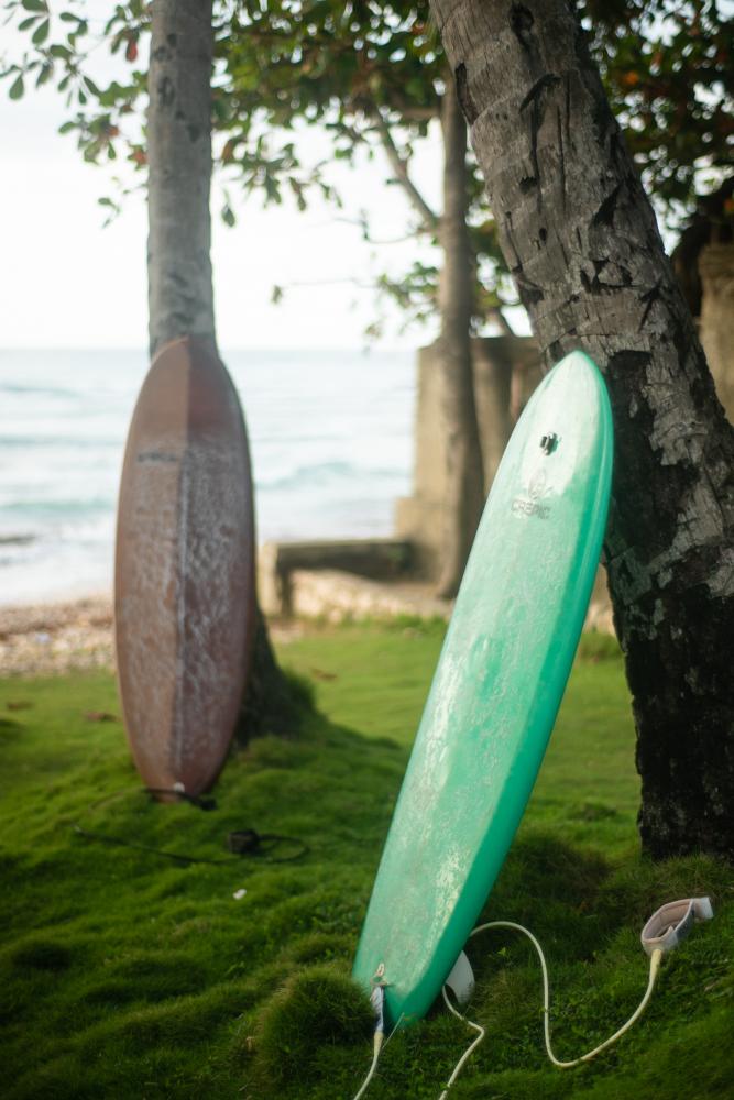 Surf boards lined up on Kabick beach in Jacmel.
