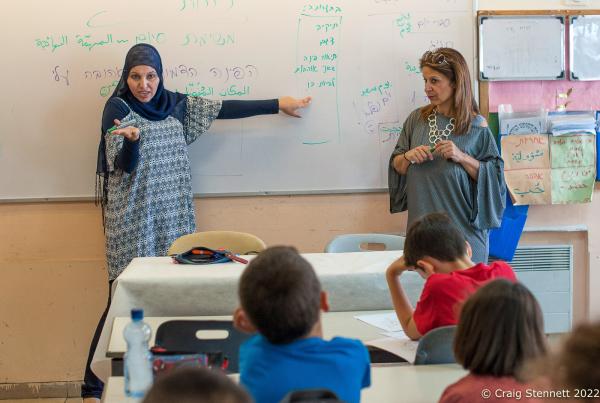 JERUSALEM, ISRAEL-JUNE 02: Two teachers, one an Arab Israeli the other Jewish teach simultaneously in Hebrew and Arabic at the Jerusalem Hand in Hand School in Israel on June 2nd, 2016 . Alia Hussien (left) and fellow teacher Efrat Toval give a lesson on identity to this class of 3rd Grade students. The Hand in Hand educational School concept was given birth in 1997 by Amin Khalaf, an Arab teacher and lecturer, and Lee Gordon, a Jewish-American social activist, after they met while working in their respective fields promoting Arab-Jewish dialogue in Israel. The schools they pioneered host an equal number of Jewish and Arab students respectively. Two teachers simultaneously in both Arabic and Hebrew teach the lessons. Judaism, Islam and also Christianity are taught with equal weight to all students, and each faith&rsquo;s respective religious holidays are also observed. Emphasis is given not only to one&rsquo;s own culture and language but also to those of the &quot;other&quot;. The children study two accounts of history: the creation of the &quot;Jewish homeland&quot; as well as the narrative of the Palestinian struggle. (Photo by Craig Stennett/Getty Images)
