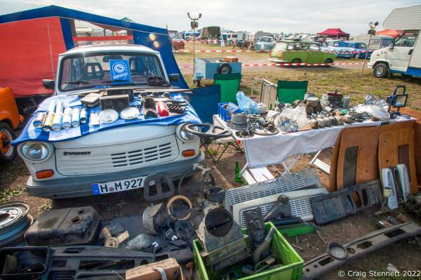 ZWICKAU, GERMANY- AUGUST 31: Spare parts for old Trabants. At the Trabant Club Zwickau Rally in Zwickau, Germany in 2018. The Trabant P601 with DDR markings at the Trabant Club Zwickau annual gathering of Trabi owners in 2018. The first Trabant rolled out of the VEB Sachsenring Automobilwerke Zwickau factory in Saxony, Eastern Germany, on 7 November 1957. All the various models of Trabant were built in Zwickau, totalling 3,096,999 completed cars. This iconic car is often seen as symbolic for the GDR. The production finally stopped 1990 following German re-unification. Often referred to as &quot;a spark plug with a roof&quot; Trabants were constructed from a hard plastic body mounted on a one-piece steel chassis and not from compressed cardboard as is often rumoured. It had front-wheel drive, a transverse engine, and independent suspension which were unusual and innovative production features for the time. In the early &#39;90s it was possible to buy a Trabi for a few Deutschmarks. Prices later recovered as the Trabi gained cult status. Today Trabants are starting to fetch prices equivalent with other classic cars. (Photo by Craig Stennett/Getty Images)