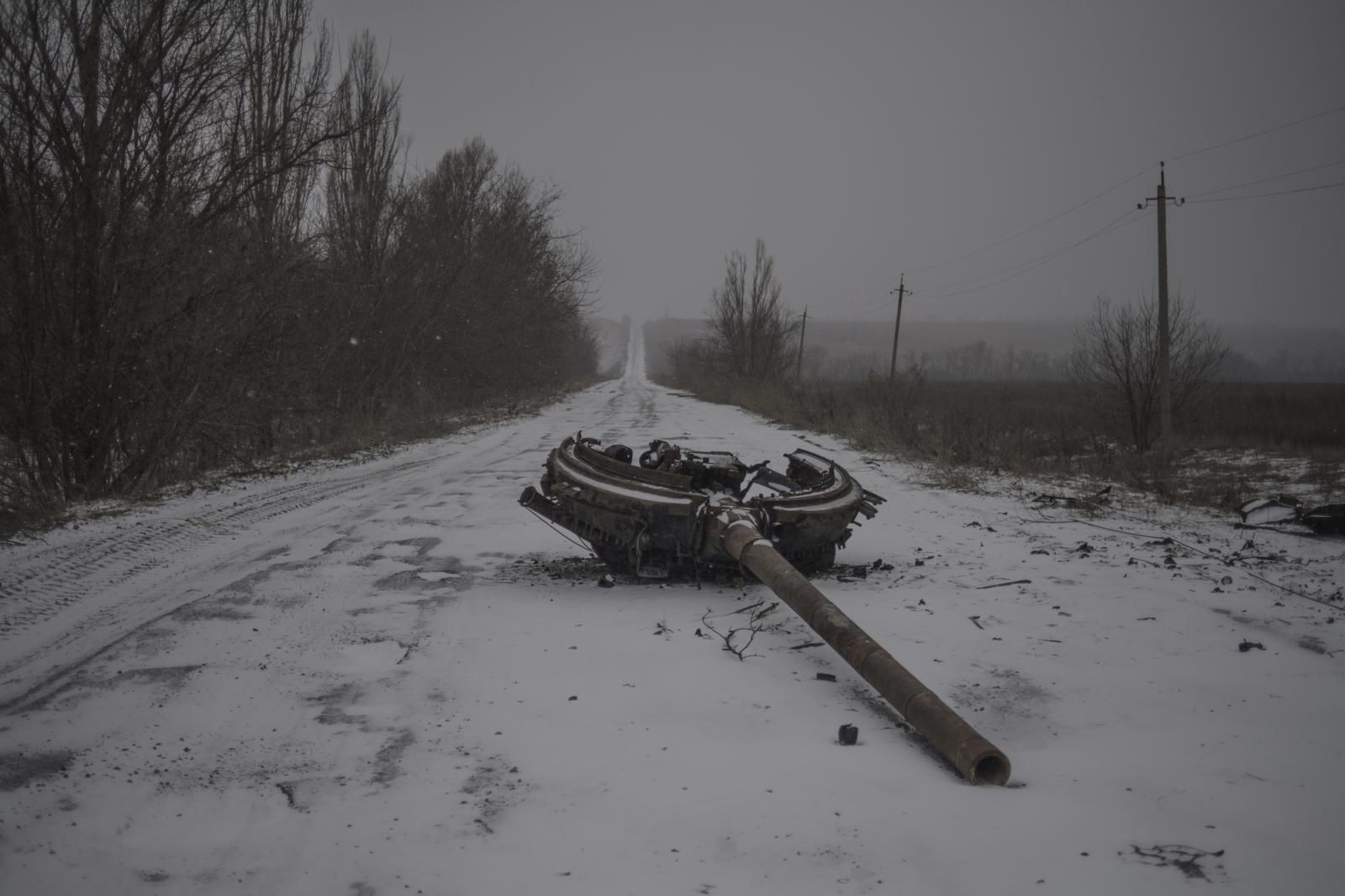Destroyed tank. Aftermath of an...f Kominternovo, Donetsk Region.