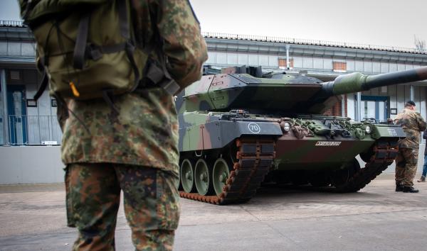 Panzertruppenschule. Munster, Germany. - Munster, Germany-February 20: A Leopard Tank stands in...