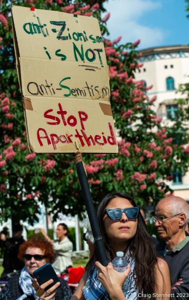 Image from Jewish Berliners show support for Palestinian rights. - BERLIN, GERMANY - MAY 20: A woman holds a banner at a...