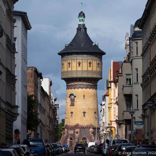 HALLE (SAALE), GERMANY-MAY 30: Wasserturm Nord in Halle (Saale) on May 30, 2022. The Water Tower North is a 54-metre-high water tower in the city of Halle (Saale) in Saxony-Anhalt, Germany. It was built between 1897 and 1899 under city building inspector Ewald Genzmer to a design by city building inspector Heinrich Walbe as part of a city expansion to the north. Constructed of red ashlar and yellow clinker bricks, is architecturally elaborately designed and decorated. The shaft of the round tower tapers upwards and is crowned by a projecting upper storey. The iron-framed tower head is covered with slate and crowned by a lantern. (Photo by Craig Stennett)
