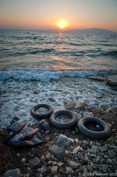 MYTILENE, GREECE-SEPTEMBER 19: The coast line near Mytilene airport on the Greek Island of Lesbos is littered with life rafts and rubber rings used by refugees in their crossing of the Aegean to seek Asylum in Europe. In all, over 1 million refugees and migrants crossed the Mediterranean (mostly the Aegean Sea) in 2015, three to four times more than the previous year. 80% were fleeing from wars in Syria, Iraq, and Afghanistan. About 85% of sea arrivals were in Greece via Turkey.(Photo by Craig Stennett/Getty Images)