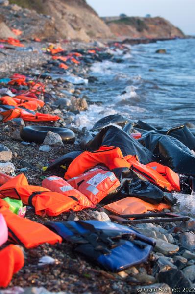 MYTILENE, GREECE-SEPTEMBER 19: The coast line near Mytilene airport on the Greek Island of Lesbos is littered with life rafts and rubber rings used by refugees in their crossing of the Aegean to seek Asylum in Europe. In all, over 1 million refugees and migrants crossed the Mediterranean (mostly the Aegean Sea) in 2015, three to four times more than the previous year. 80% were fleeing from wars in Syria, Iraq, and Afghanistan. About 85% of sea arrivals were in Greece via Turkey.(Photo by Craig Stennett/Getty Images)