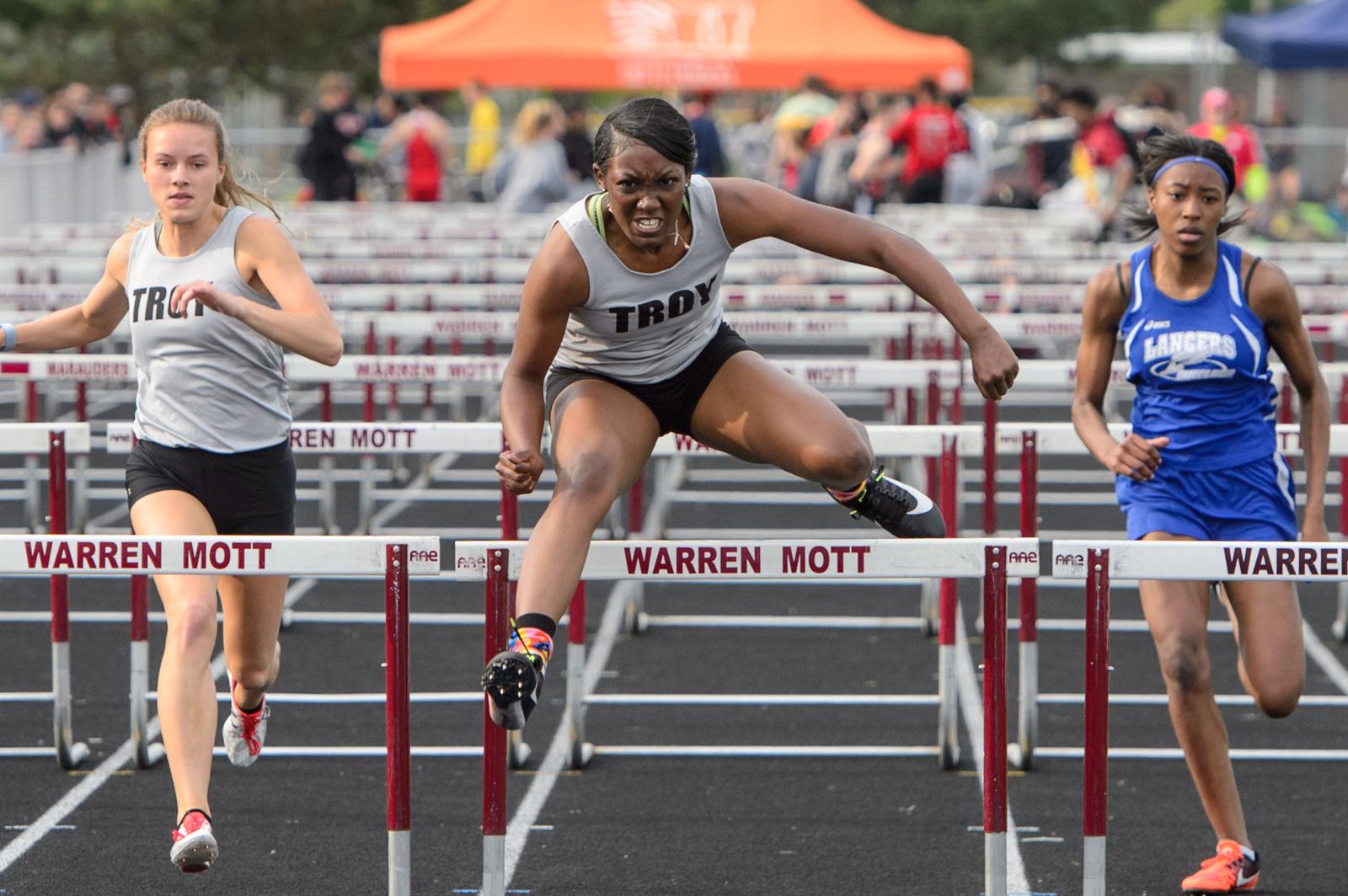 Troy&#39;s Grace Johnson wins the Girls 100 Meter Hurdles during the regional track meet at...