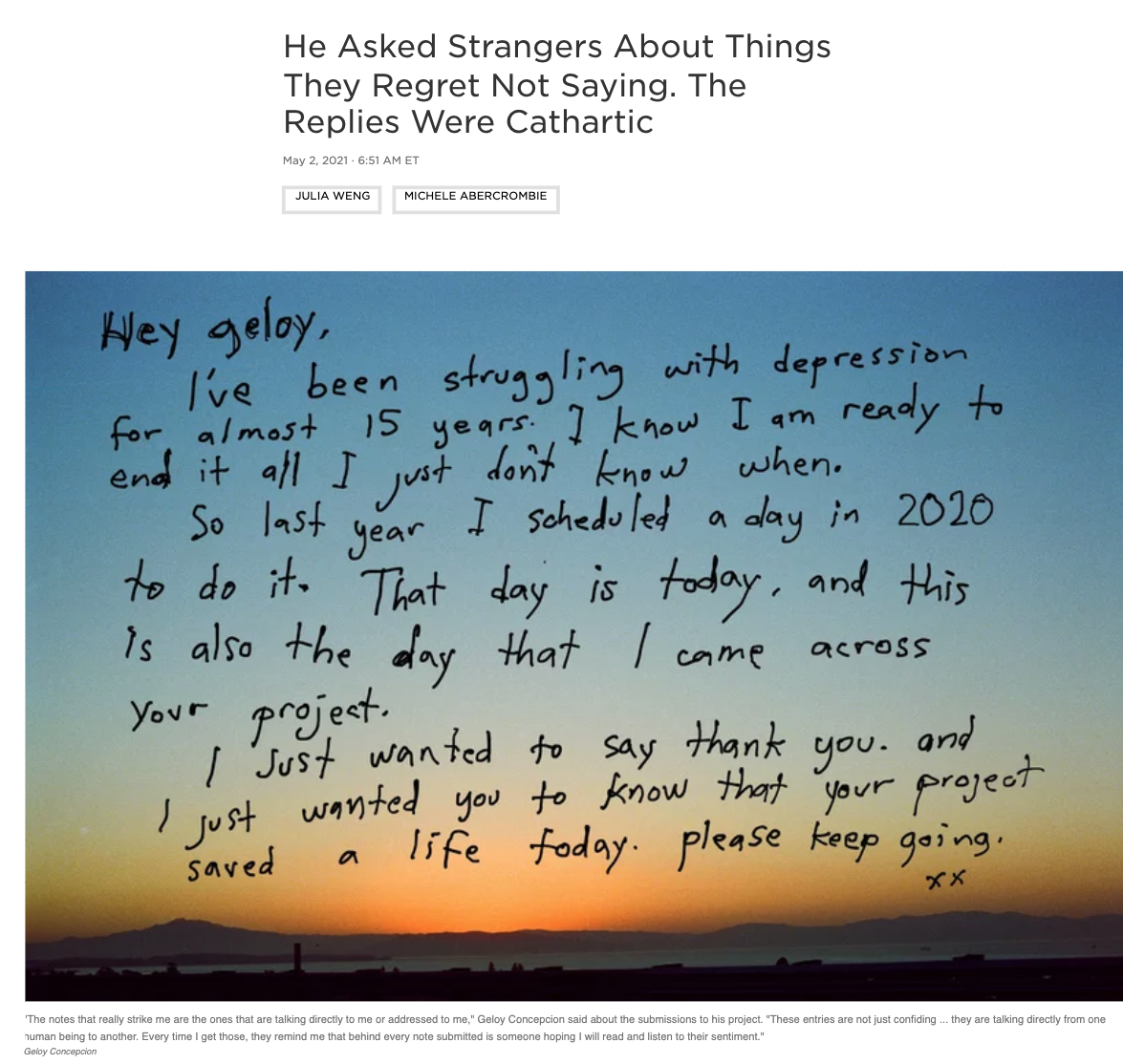 Photo Edit for NPR: He asked strangers about things they regret not saying. The replies were cathartic