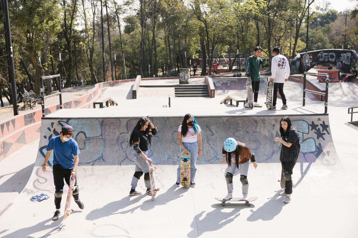 Mexico City, Mexico. January 8, 2021. A group of girls skateboard at Parque Lira Skatepark in...